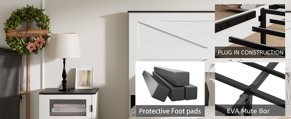 Queen Bed Frame Headboard , Wood Platform Bed Frame , Noise Free,No Box Spring Needed and Easy Assembly Tool,Large Under Bed Storage,White