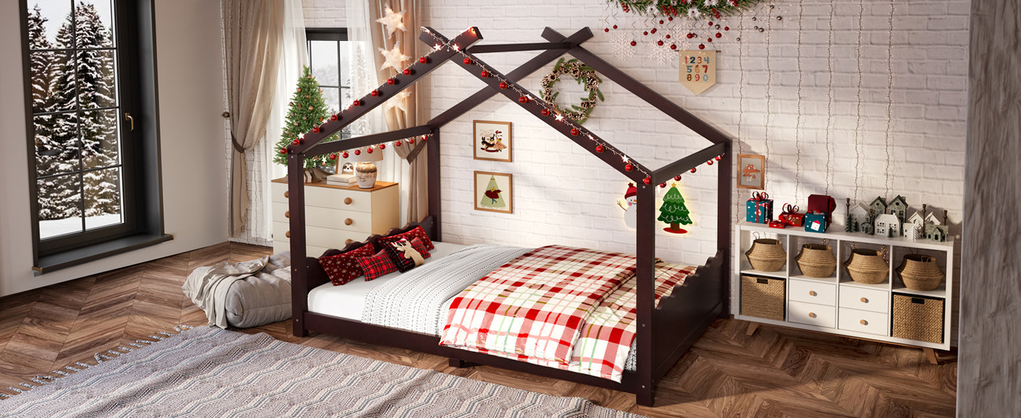 Full House Floor Bed with Support Slats, Solid Wood House Bed Frame for Kids, No Box Spring Needed and Opening Constructure, Espresso