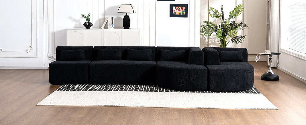 144' Upholstered Sofa Free-combined Sofa Couch with Two Chaise Lounge and Five Back Pillows for Living Room(Old SKU: N719S001600B), Black