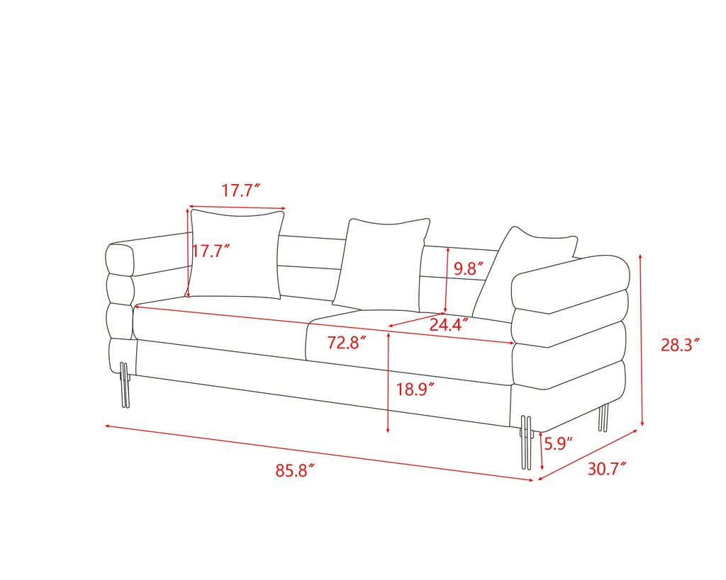 Luxurious and comfortable upholstered sofa with golden legs and pillows for living room and reception area