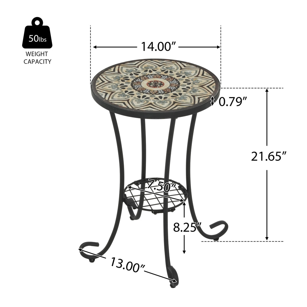 Ceramic Tile and Iron Patio Side Table with Shelf, Brown and Black, 14-inch Diameter