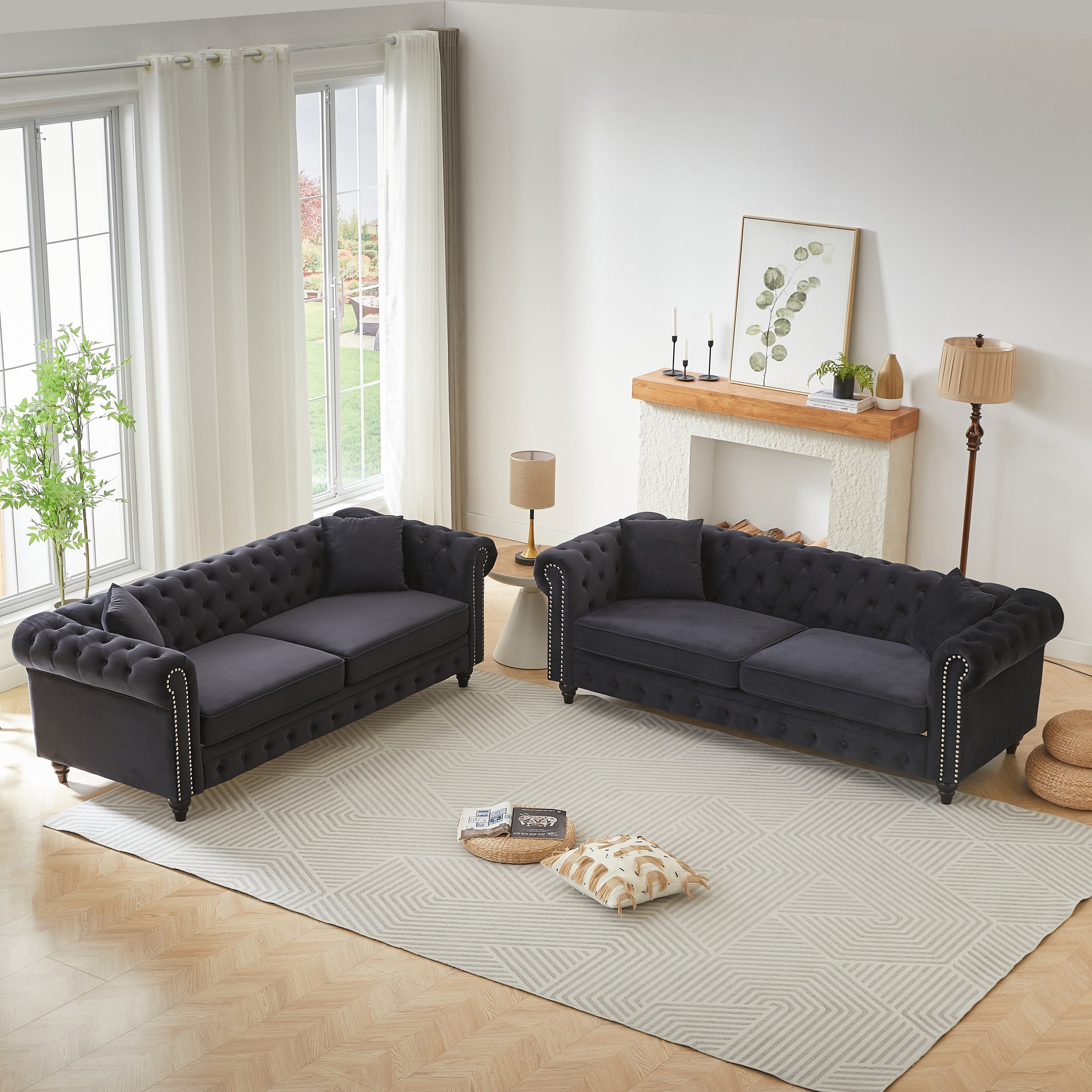FX 3 Seats + 3 Seats Combo Sofa Modern living room sofa with solid wood frame and wooden feet, 4 cushions, apartment sofa furniture for living room, living room, office