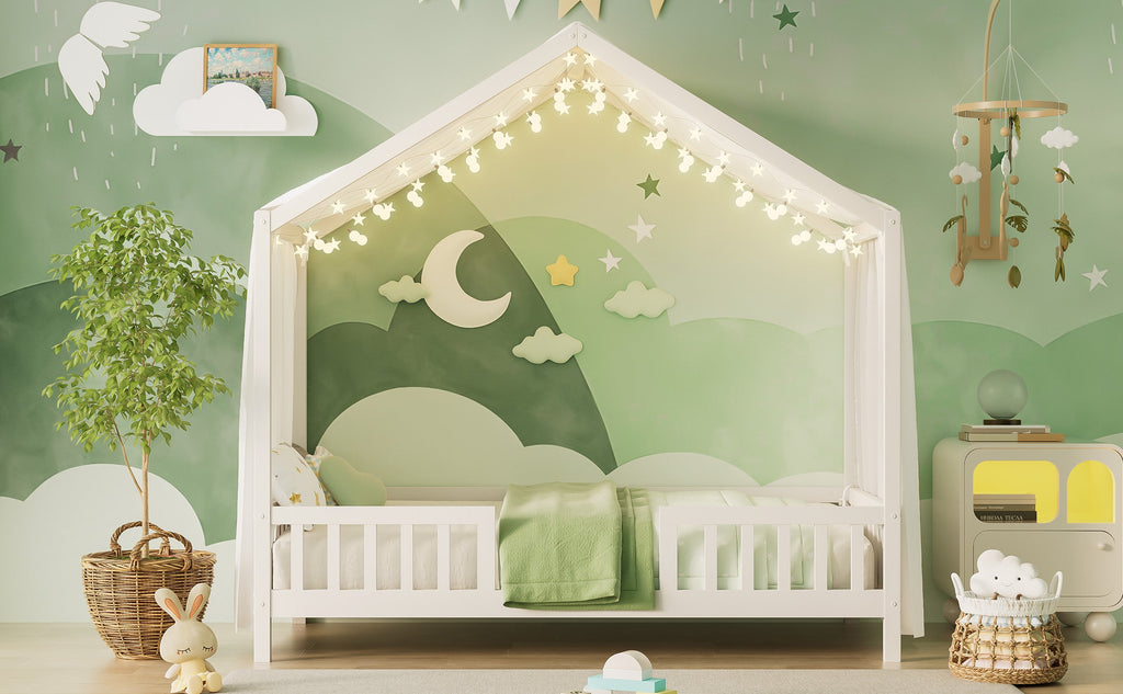 Montessori Floor Bed with Canopy, Twin Bed Frame for Kids, House Shape Kids Bed Frame with High Railings, Wood Kids Bed with Roof, Kid Twin Bed, White