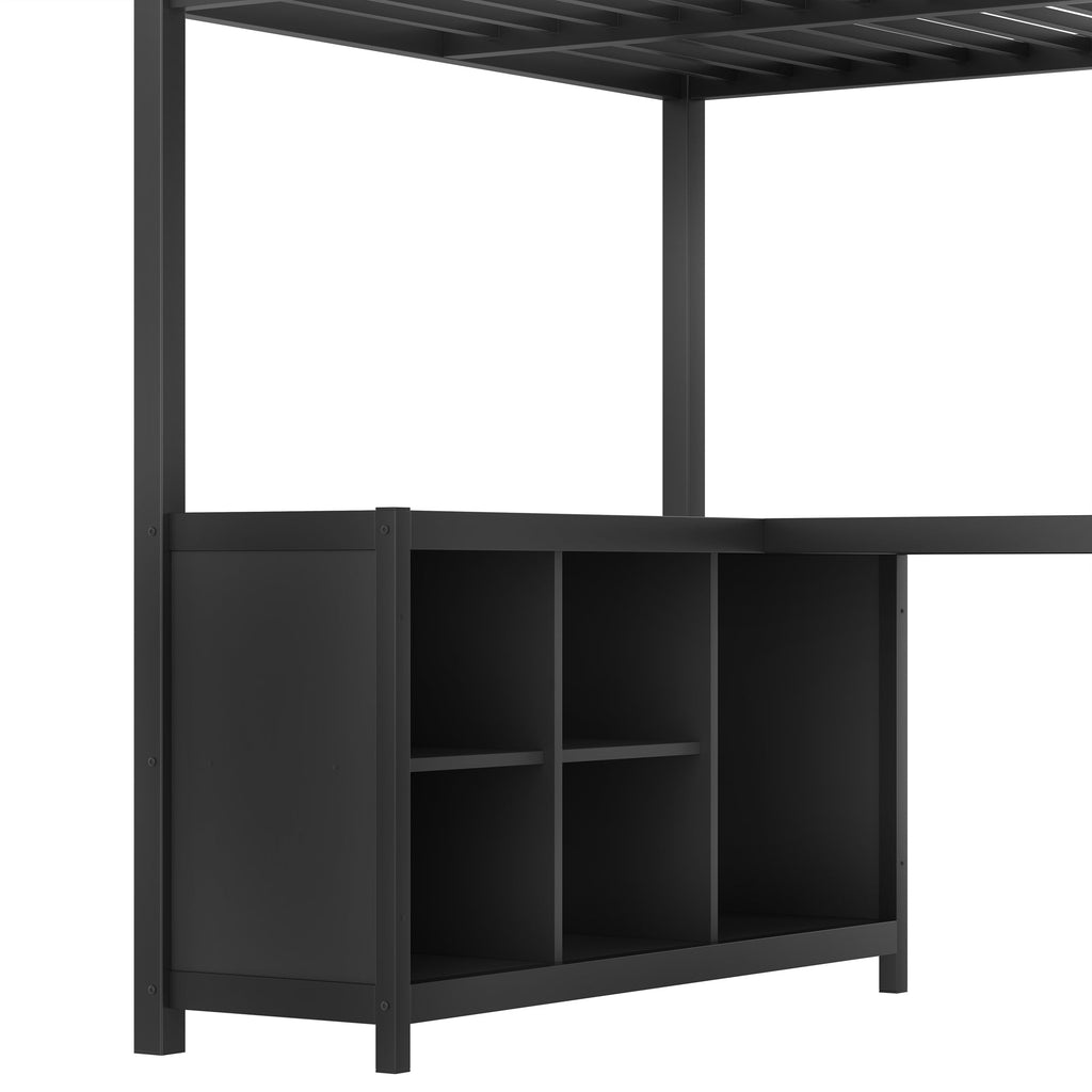 Metal Loft Bed with Wardrobe and L-shaped Desk, Twin XL Size Loft Bed with Storage Cubes and Shelves, Loft Bed for Kids Teens Adults, Black