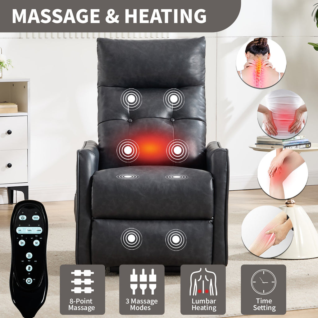Deep Grey PU Single Motor Power Lift Recliner Chair with Massage and Heat for Elderly, Heavy Duty Motion Mechanism and One USB for Charging, Max Reclining Angle 155°