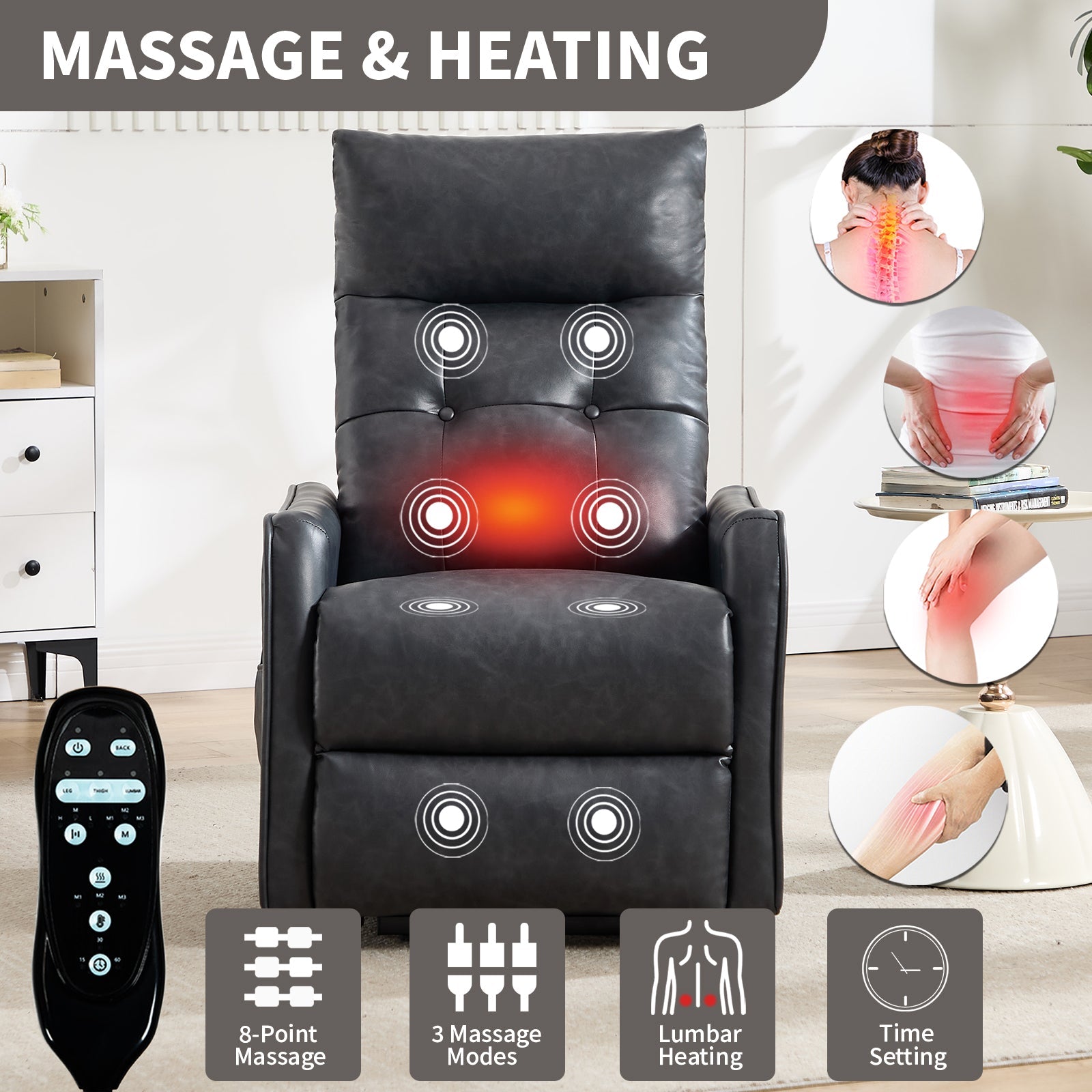 Deep Grey PU Single Motor Power Lift Recliner Chair with Massage and Heat for Elderly, Heavy Duty Motion Mechanism and One USB for Charging, Max Reclining Angle 155°