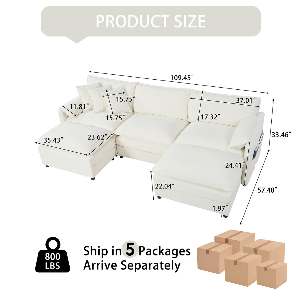 Modular Sectional Sofa, Oversized Deep Seat U Shaped Couch Set for Living Room, 3-Seater Comfy Cloud Couches with 2 Movable Ottomans, DIY Combination, Chenille,Beige