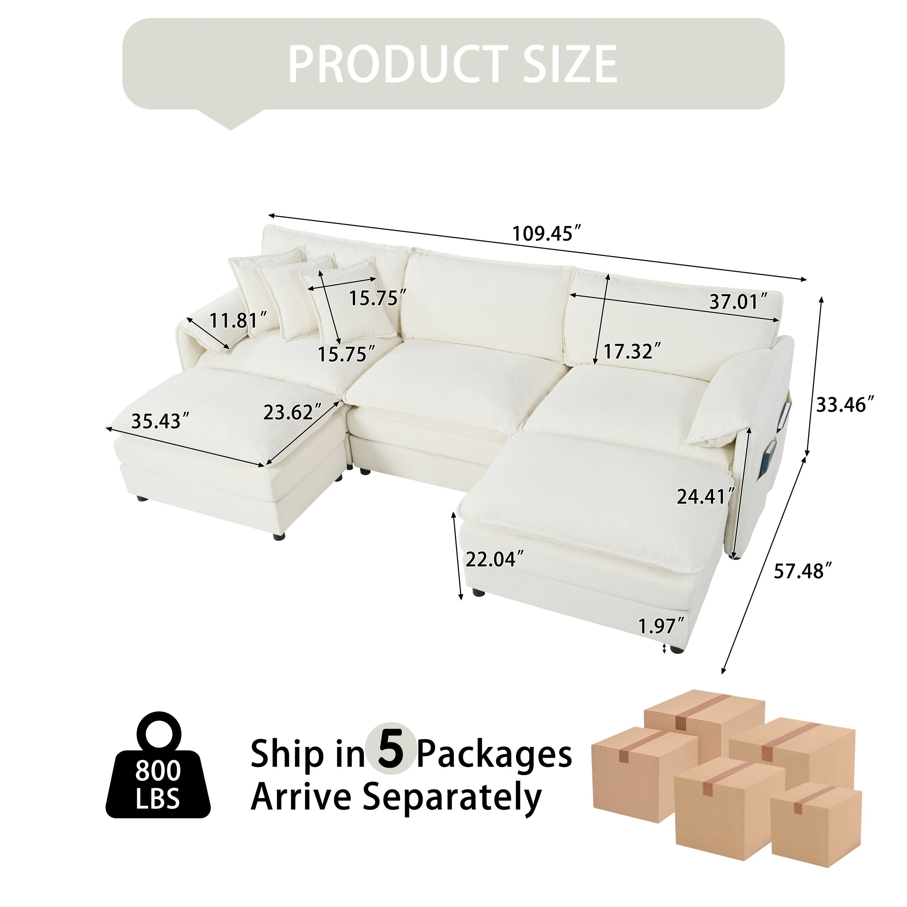Modular Sectional Sofa, Oversized Deep Seat U Shaped Couch Set for Living Room, 3-Seater Comfy Cloud Couches with 2 Movable Ottomans, DIY Combination, Chenille,Beige