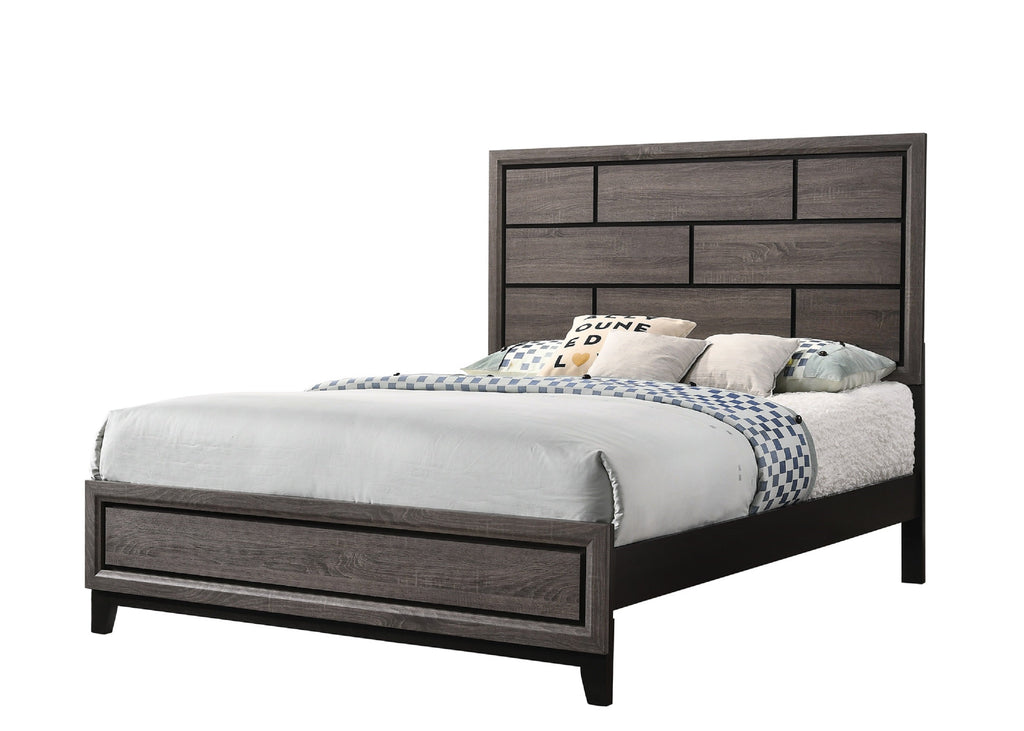 Cotemporary Gray Finish Queen Size Panel Low-profile Bed Geometric Design Wooden Bedroom Furniture
