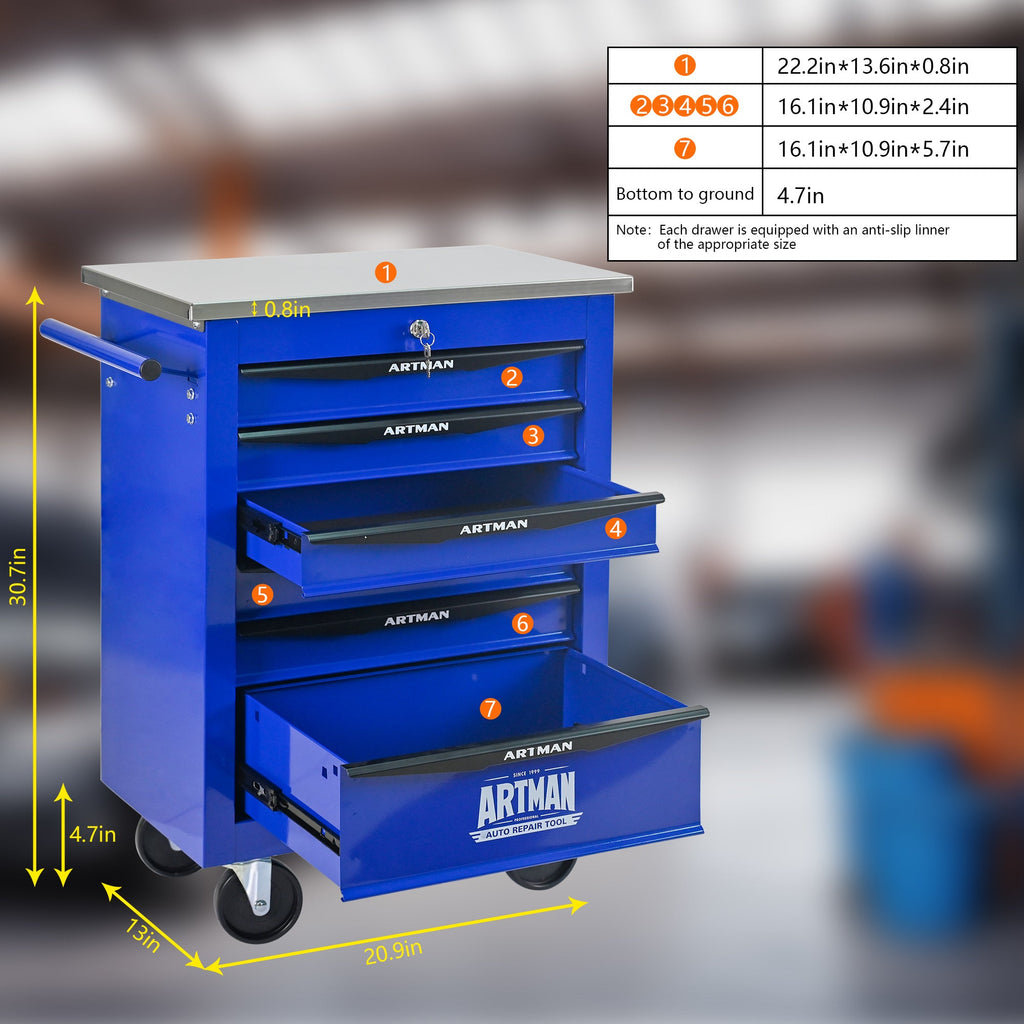 6 Drawers Multifunctional Tool Cart with Wheels,Metal Rolling Tool Cart Storage for Garage Workshop Warehouse Repair Shop--With Stainless Steel Roof- BLACK&BLUE