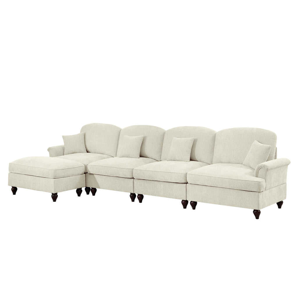 Classic Three Seater Modular L Shaped Sectional Couch with Flared Arms and Removable Ruffles Pleats Skirts and Spindle Legs, Comfy Chenille Four-Seat Deep Seat Sofa with Movable Ottoman, Beige White