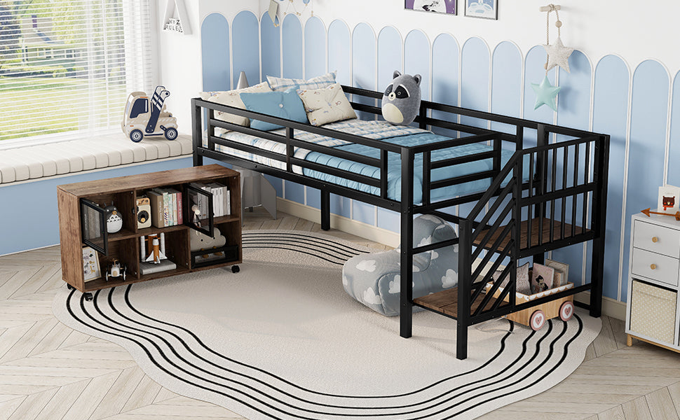 Twin Metal Loft Bed with Storage Cubby, Low Metal Loft Bed with Stairs for Kids, Black, Expect Arrival Date 2025/11/10