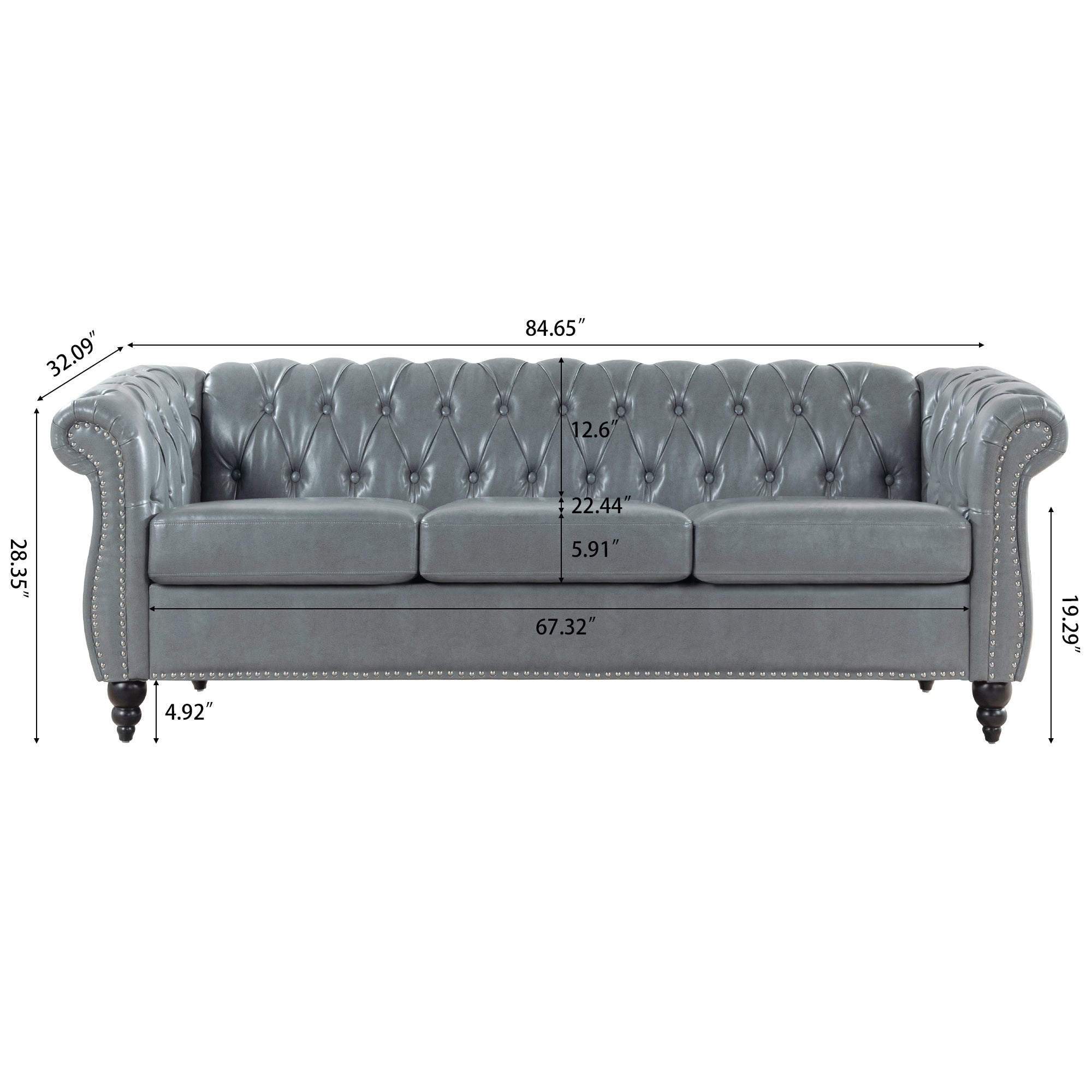 84.65' Rolled Arm Chesterfield 3 Seater Sofa.