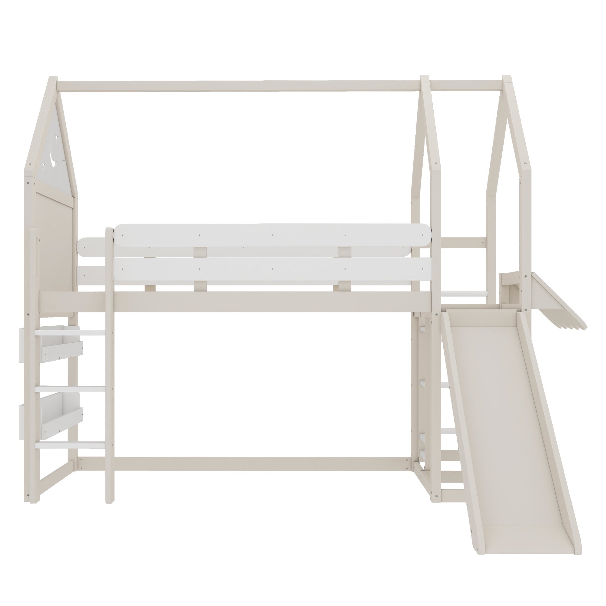 Twin Size Loft Bed with Bookshelf Playful Design for Kids House-Shaped Structure with Slide High-Quality Safety Rails,Beige