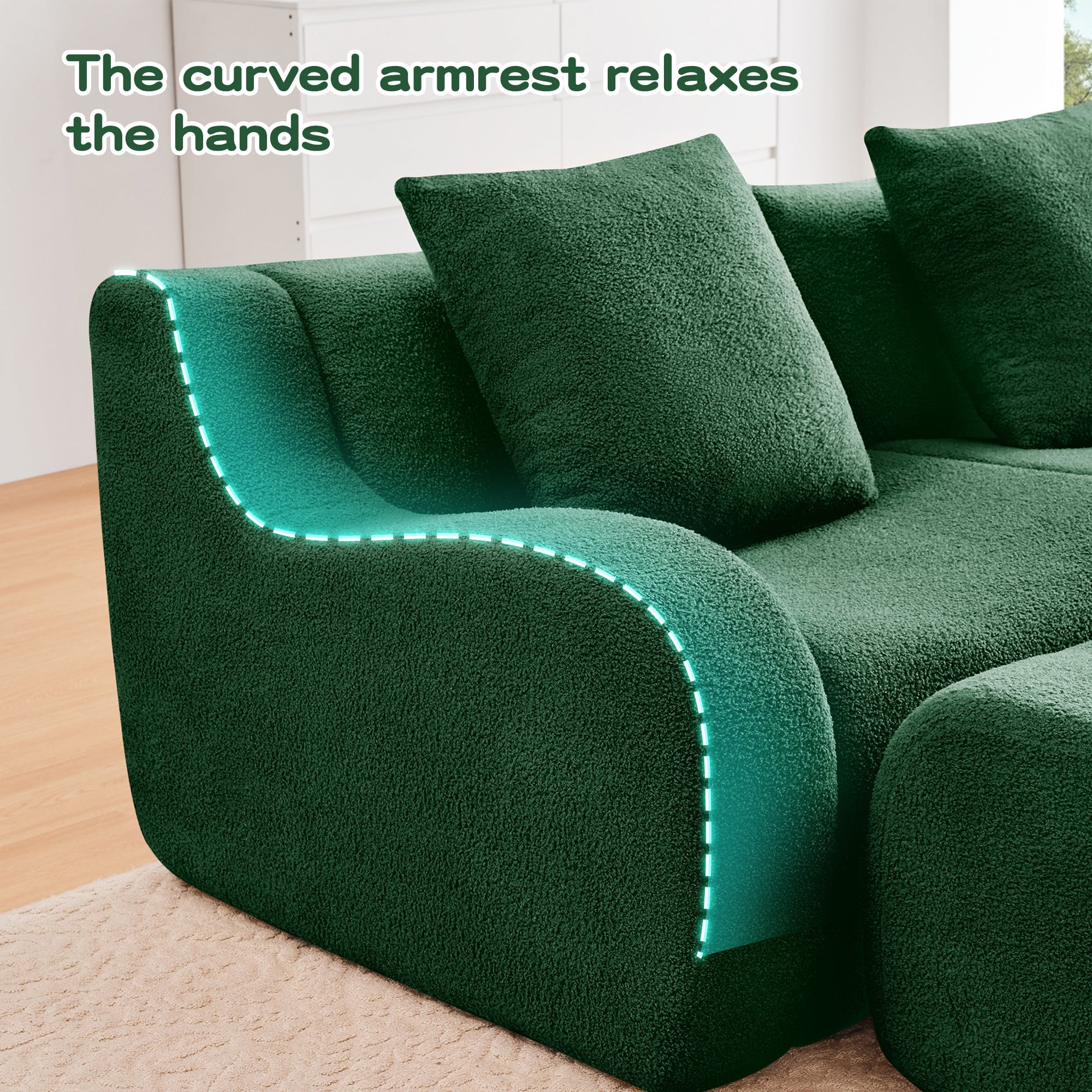 U-Shaped Boneless Sofa,Teddy Fabric No assembly required   Curved armrest,Anti-slip Design,Streamlined Design 32D High Density Sponge,Full Compression Vacuum Packag,For Studies living Rooms,Green