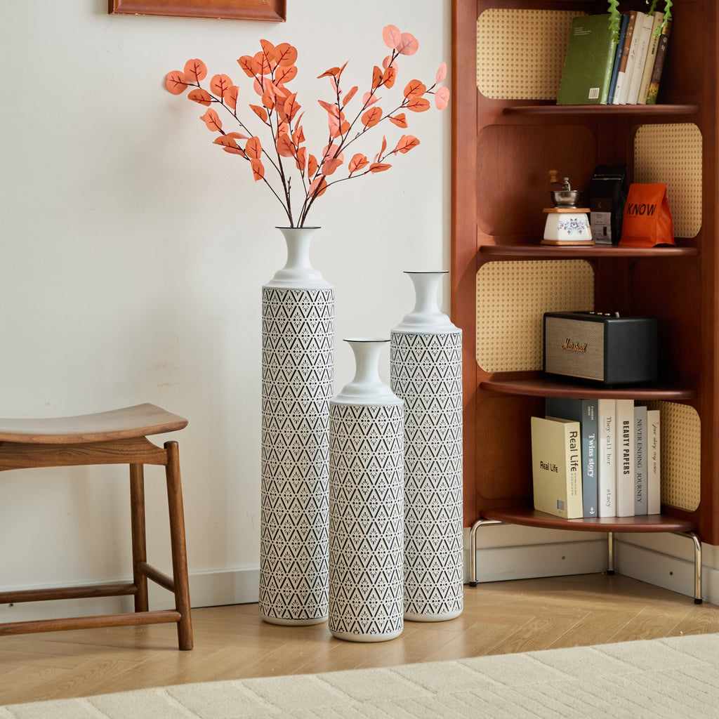 Modern Floor Vase Set – White & Black Metal Vases with Geometric Pattern – 3-Piece Home Decor Set in 24.8 in, 29.13 in & 33.85 in Heights