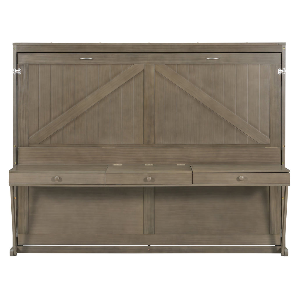 Queen Size Wall Murphy Bed with Storage, Foldable Cabinet Bed with Vanity Desk, Center Mirror & 2 Side Drawers, Distressed Gray