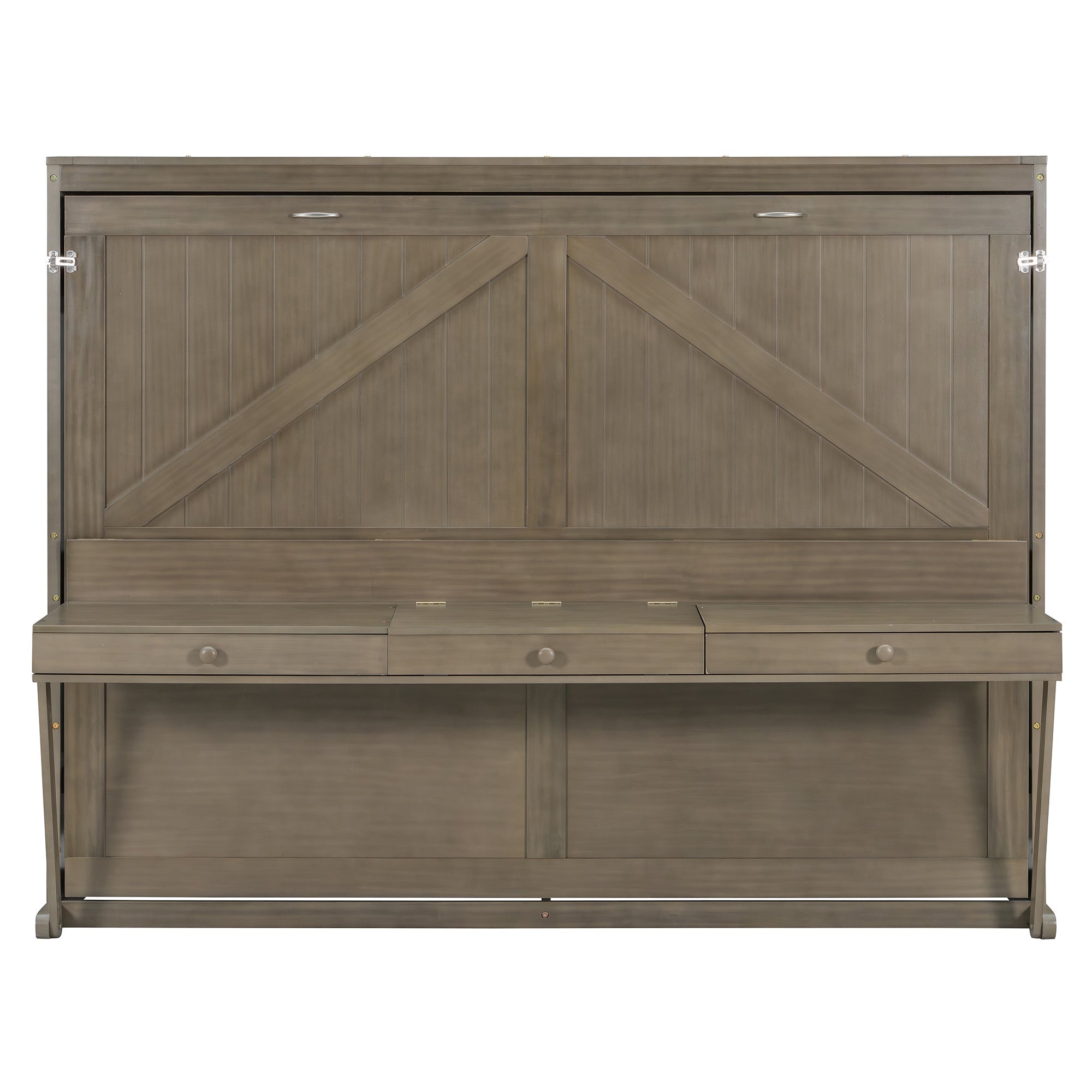 Queen Size Wall Murphy Bed with Storage, Foldable Cabinet Bed with Vanity Desk, Center Mirror & 2 Side Drawers, Distressed Gray