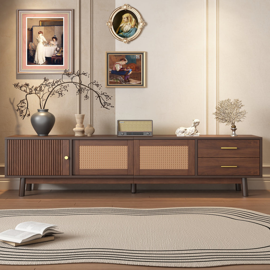 Mid Century Modern TV Stand for 80' TVs, Entertainment Center with Sliding Doors and Drawers, TV Table with Storage for Living Room, Bedroom