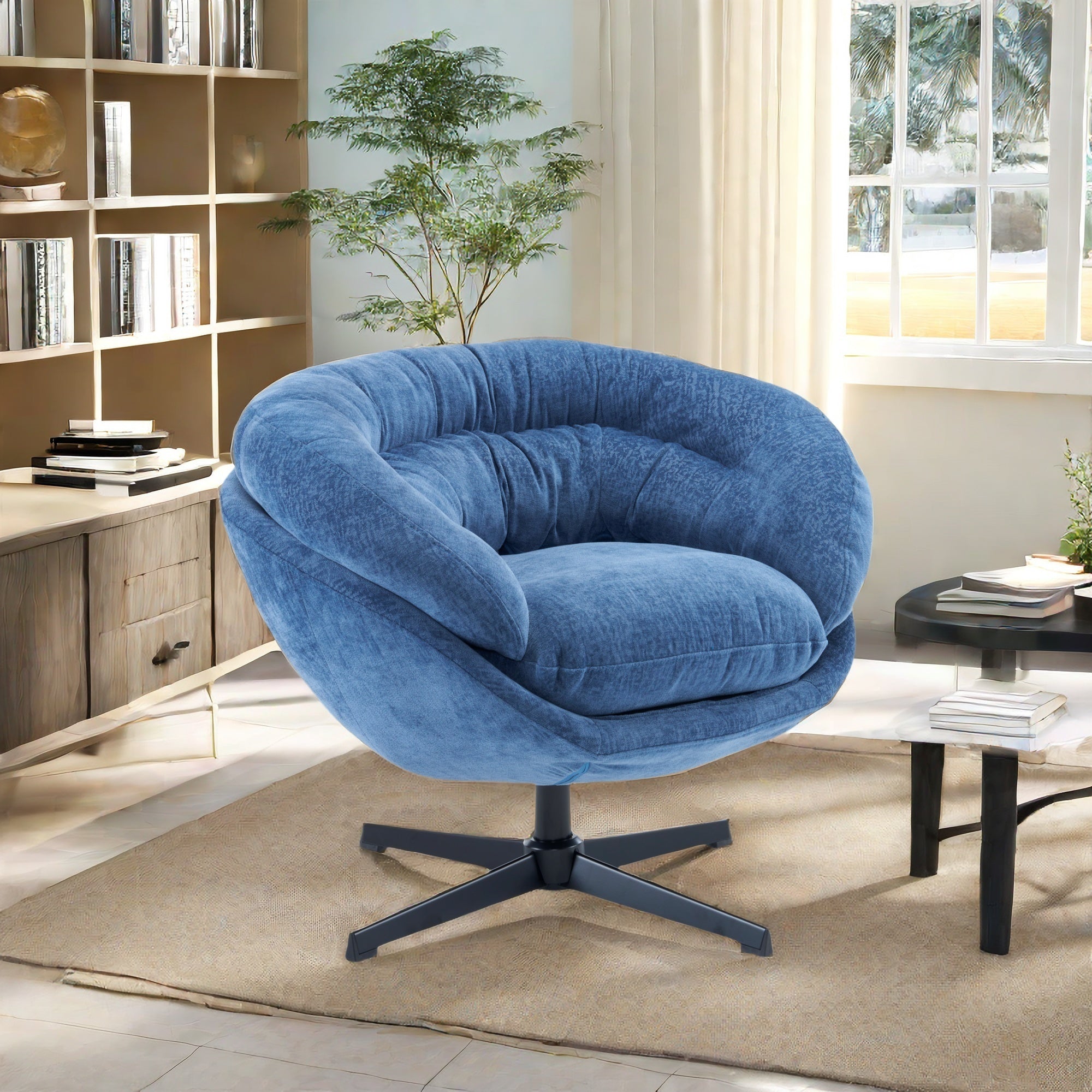 Modern Chenille Office Chair, 360° Swivel Accent Chair with Removable Cushion, Round Office Chair, Black Metal Base, Cotton Material, Living Room, Bedroom, Reading Corner, Office (Navy Blue)