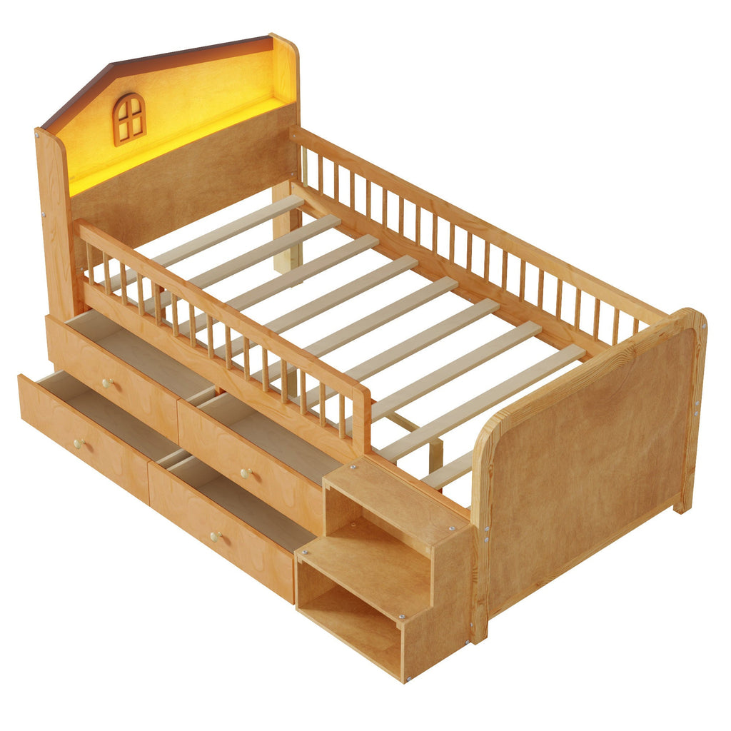 Low Loft Bed with LED Lights, Wooden Twin Loft Bed with House Shape Headboard, Kids Loft Bed with Storage Drawers, Natural (Expect Arrival Date 2025/1/20)