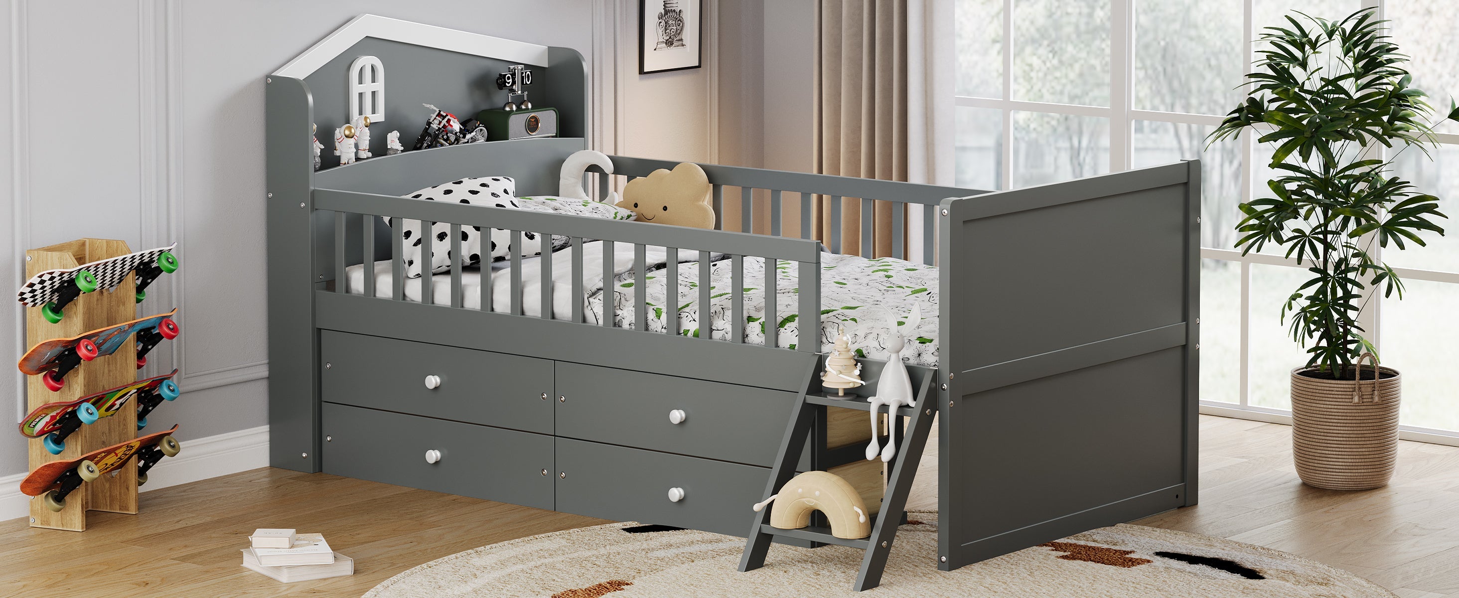Twin Bed Frame with Storage 4 Drawers,Wooden Bed Frame for Kids,Platform Twin Size Bed with Guardrail Headboard and Ladder, No Box Spring Needed, Easy Assembly, Gray
