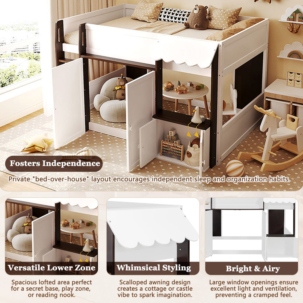 Full Loft House Bed with Playhouse & Storage, Modern Wood Cabin Bed for Kids/Teens, White+Espresso