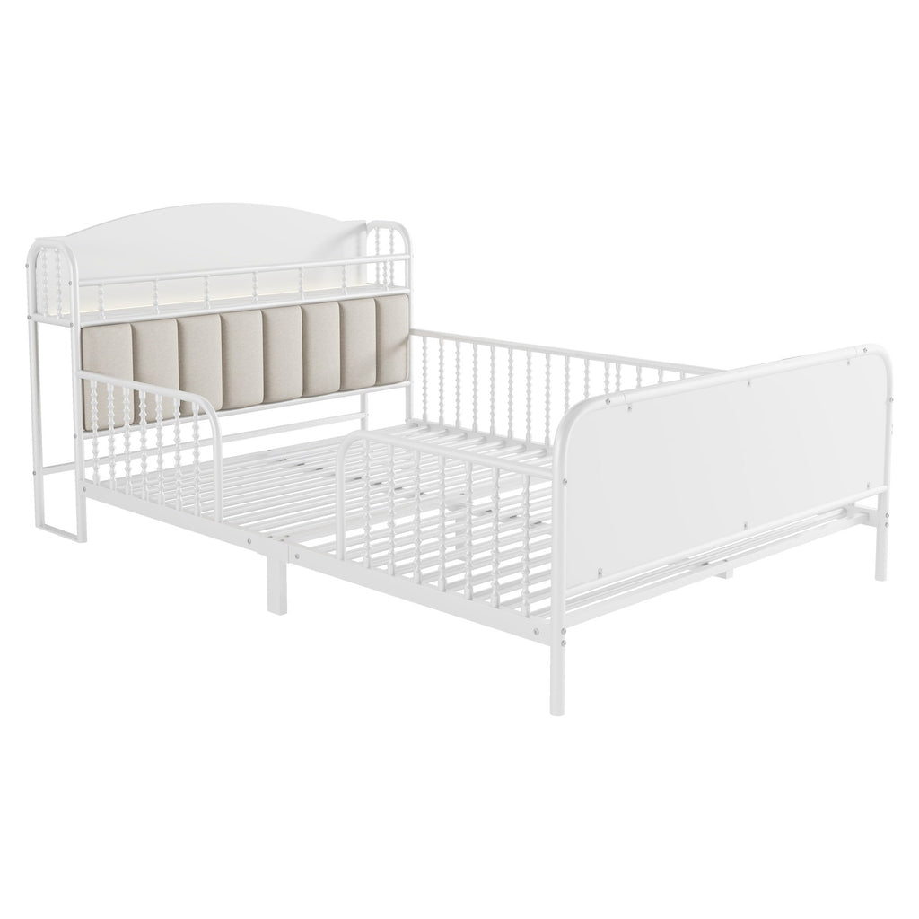 Full Size Metal Platform Bed Frame with Light, Kids Full Metal Bed with Upholstered and Storage Headboard, White (Expect Arrival Date 2025/10/5)