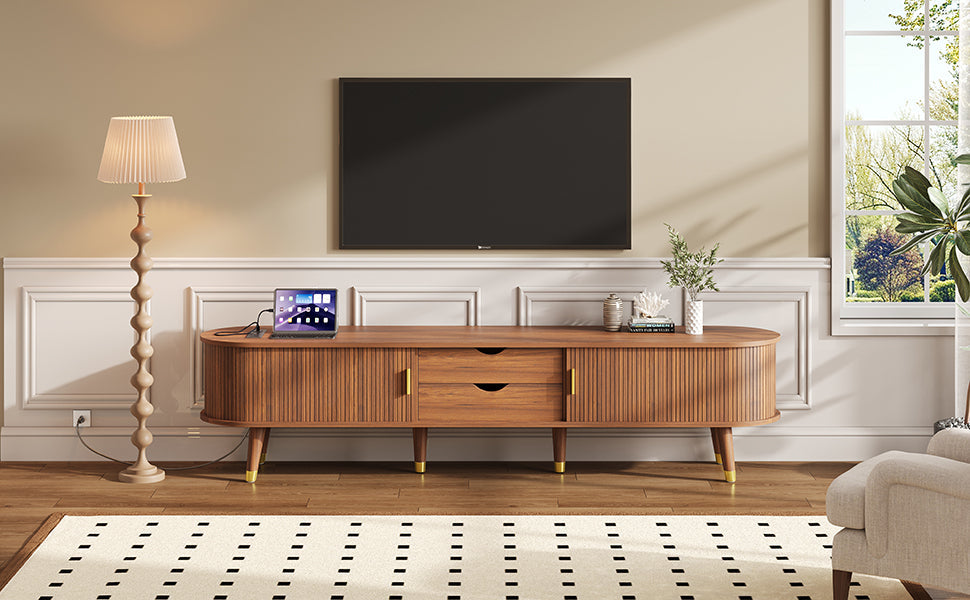 Wooden Oval Fluted TV Stand with Charging Station for TV up to 80', Mid-Century Media Console with Sliding Tambour Door, Farmhouse TV Cabinet with Golden Handle for Living Room, Walnut