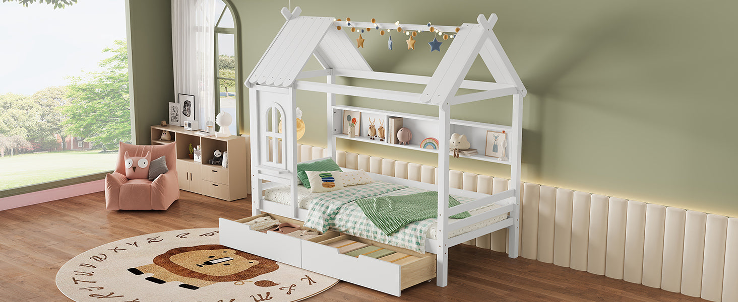 Twin house Beds with Storage Drawers and Window, Solid Wood House Platform Bed Frame with shelves, for Kids, Girls, Boys, No Spring Box Needed and Childlike Design, White