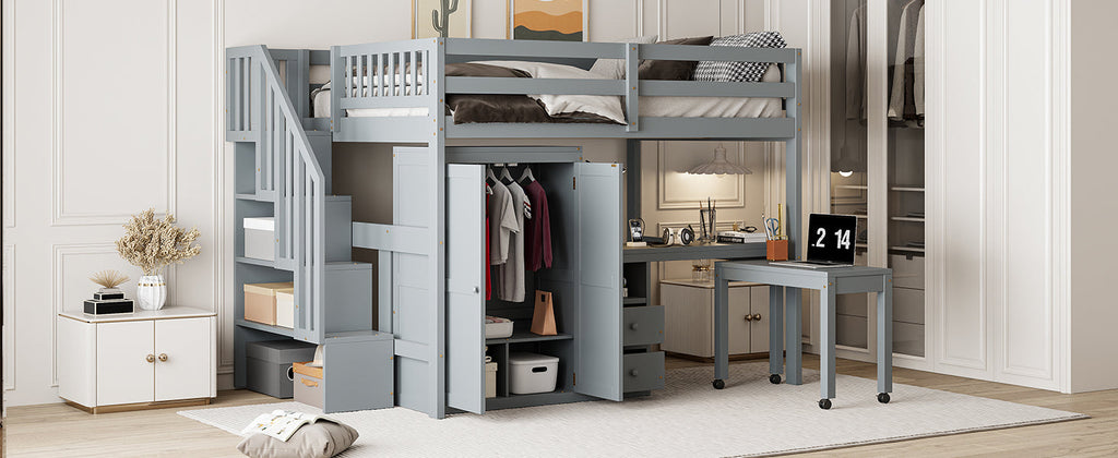 Full Size Loft Bed with Stairs, Bookshelf, Drawers, Desk & Wardrobe – Space-Saving Multifunctional Furniture for Kids & Teens-Gray