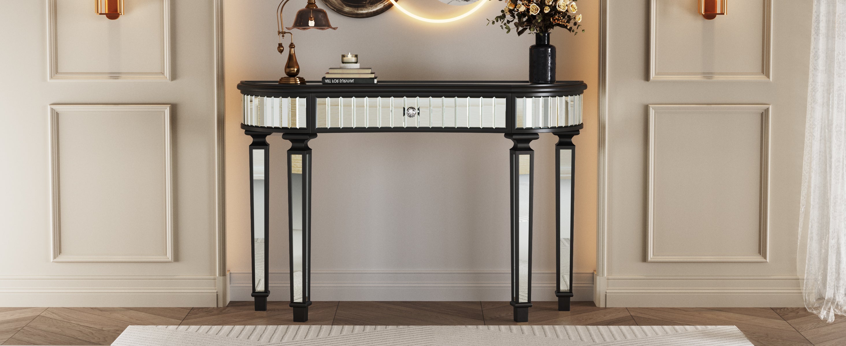 47' Half-Moon Mirrored Console Table with Fluted Glass & Crystal Knob Drawer - Silver Entryway Vanity Desk for Bedroom/Dressing Room(Black+Sliver)