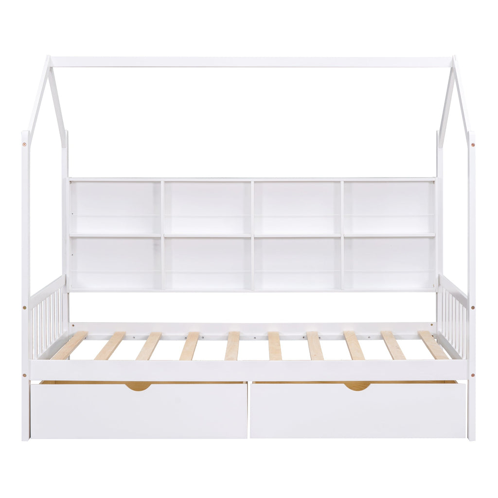 Wooden Twin Size House Bed with 2 Drawers,Kids Bed with Storage Shelf, White