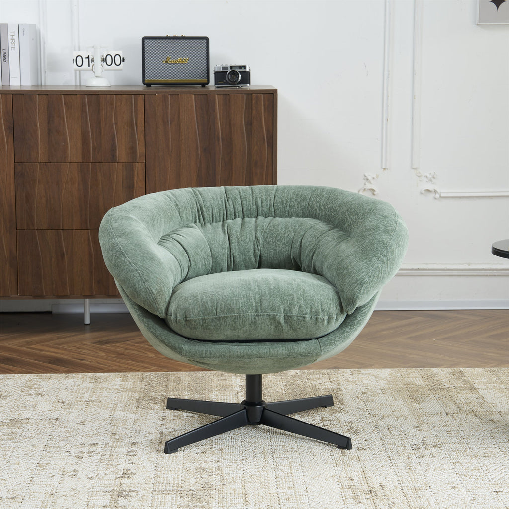 Modern Chenille Office Chair, 360° Swivel Club Chair/Accent Chair with Removable Cushion, Round Office Chair, Black Metal Base, Cotton Material, Living Room, Bedroom, Reading Corner, Office (Green)