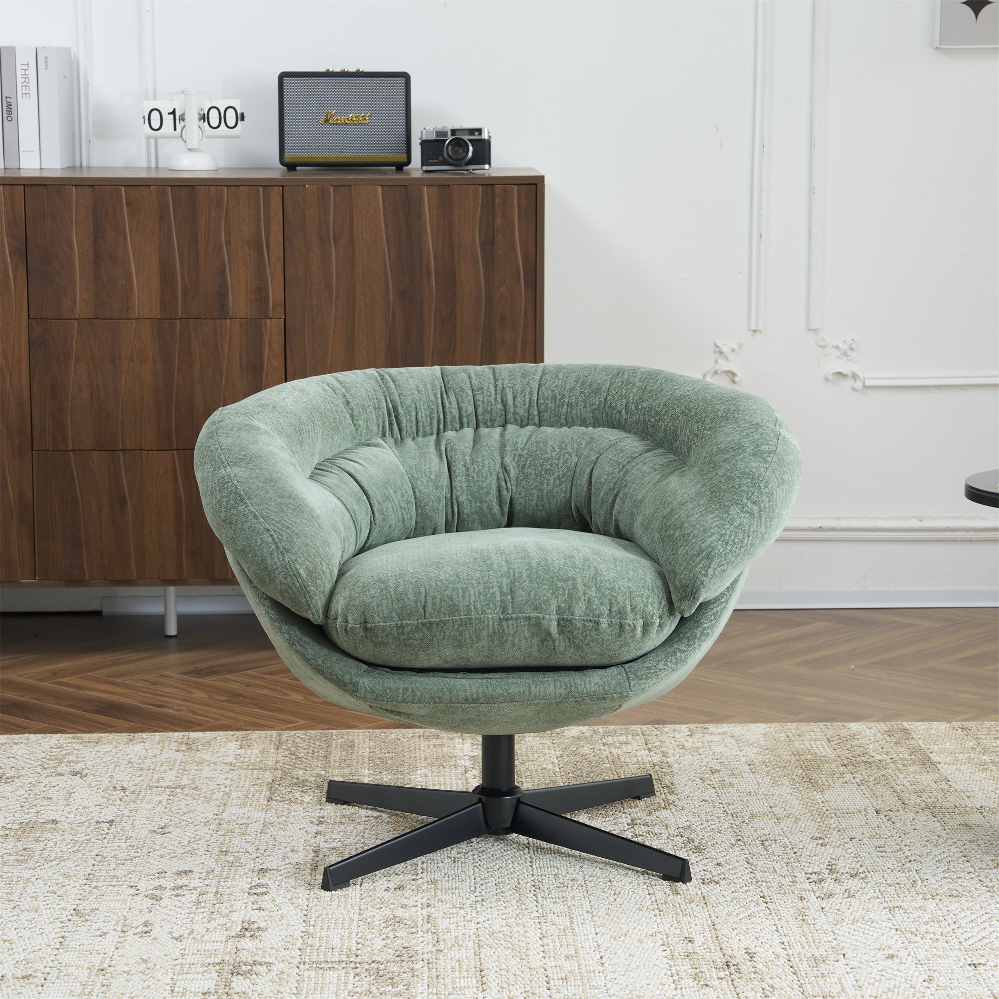 Modern Chenille Office Chair, 360° Swivel Club Chair/Accent Chair with Removable Cushion, Round Office Chair, Black Metal Base, Cotton Material, Living Room, Bedroom, Reading Corner, Office (Green)