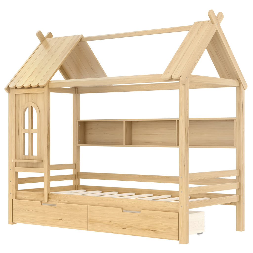 Twin house Beds with Storage Drawers and Window, Solid Wood House Platform Bed Frame with shelves, for Kids, Girls, Boys, No Spring Box Needed and Childlike Design, Natural