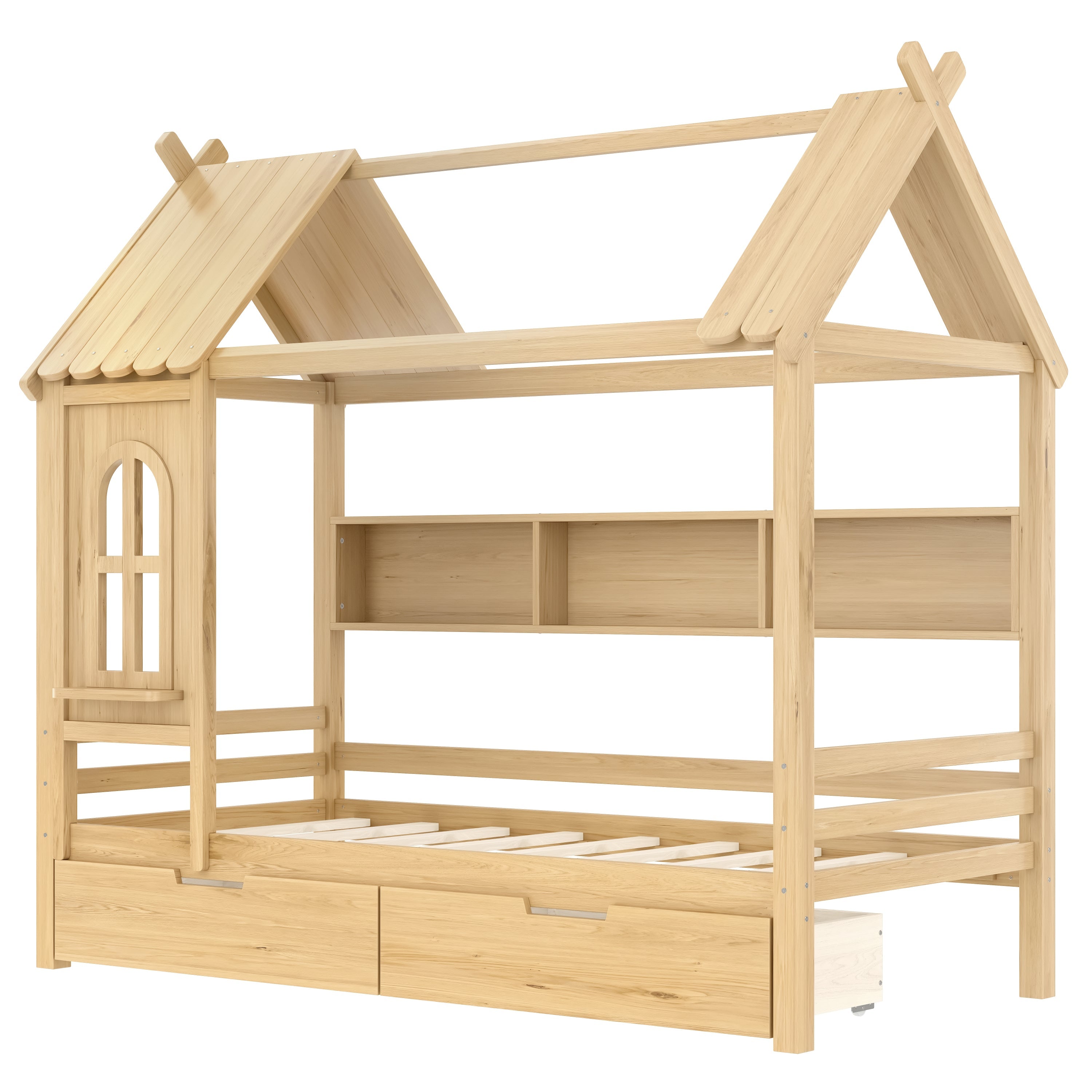 Twin house Beds with Storage Drawers and Window, Solid Wood House Platform Bed Frame with shelves, for Kids, Girls, Boys, No Spring Box Needed and Childlike Design, Natural