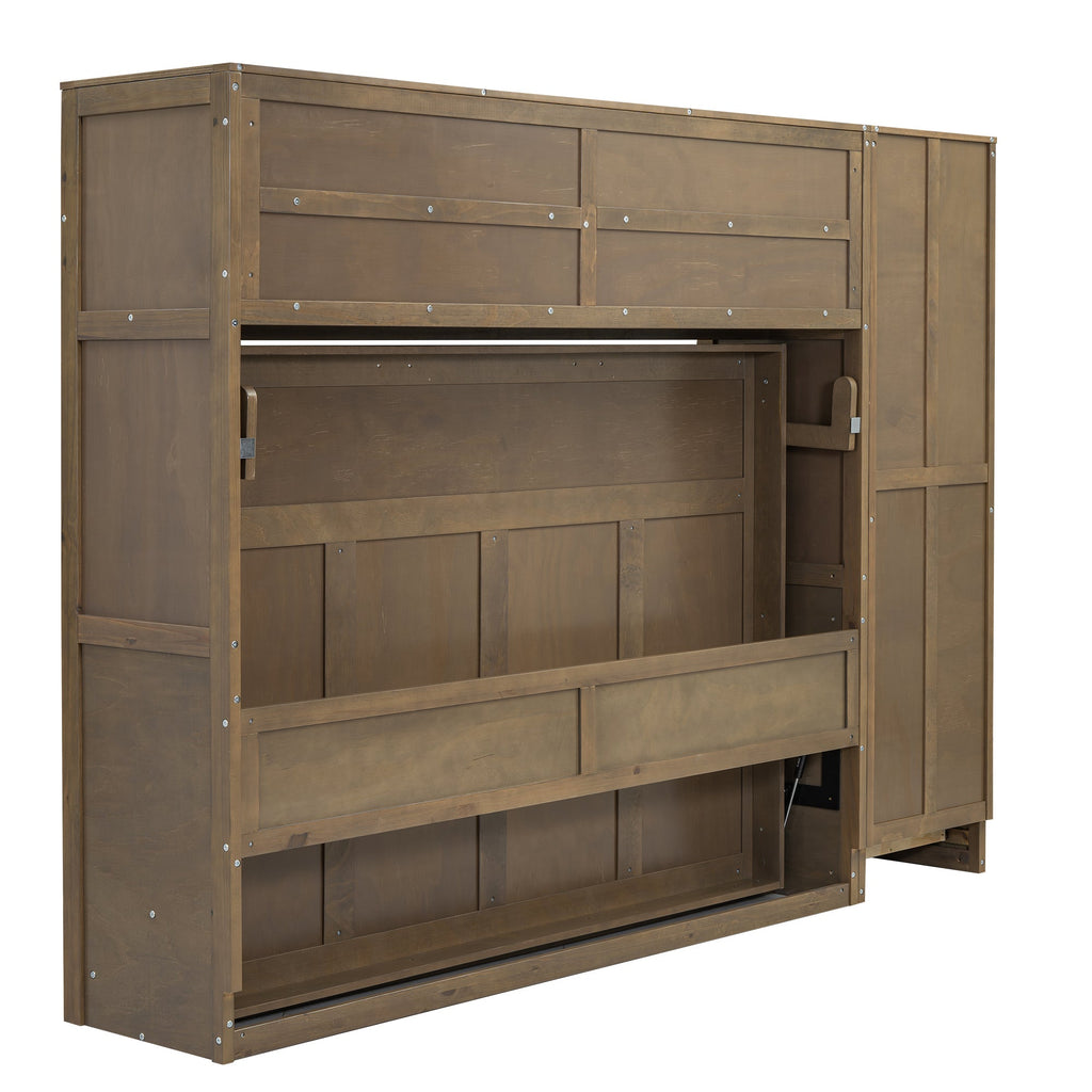 Full Size Murphy Bed with Wardrobe, Drawers and Open Shelves, Antique Wood