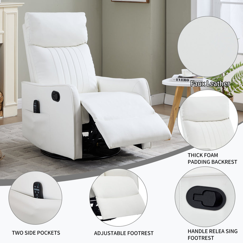 White Heat Massage Manual Recliner Chair with Rocker and Swivel in Faux Leather for Living Room
