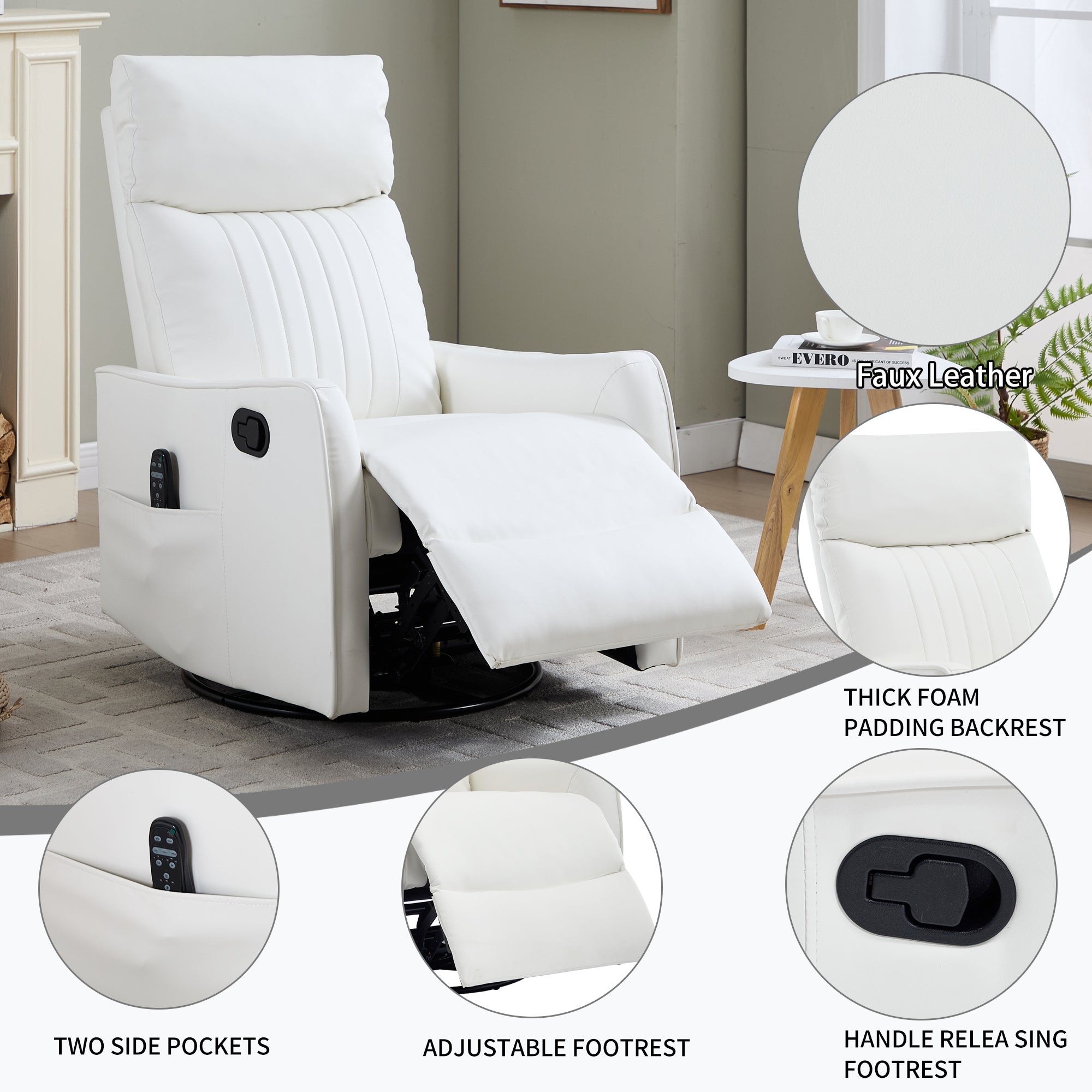 White Heat Massage Manual Recliner Chair with Rocker and Swivel in Faux Leather for Living Room