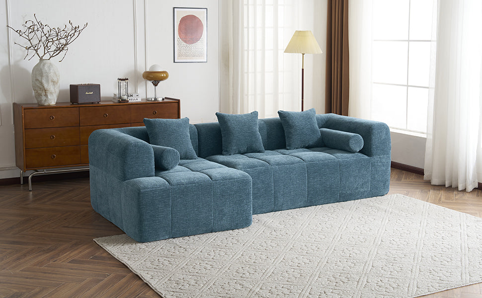 Modern Modular Sofa with Deep Seating, Two Side Pockets, and Plush Pillows in Blue Chenille Fabric, 101.2'