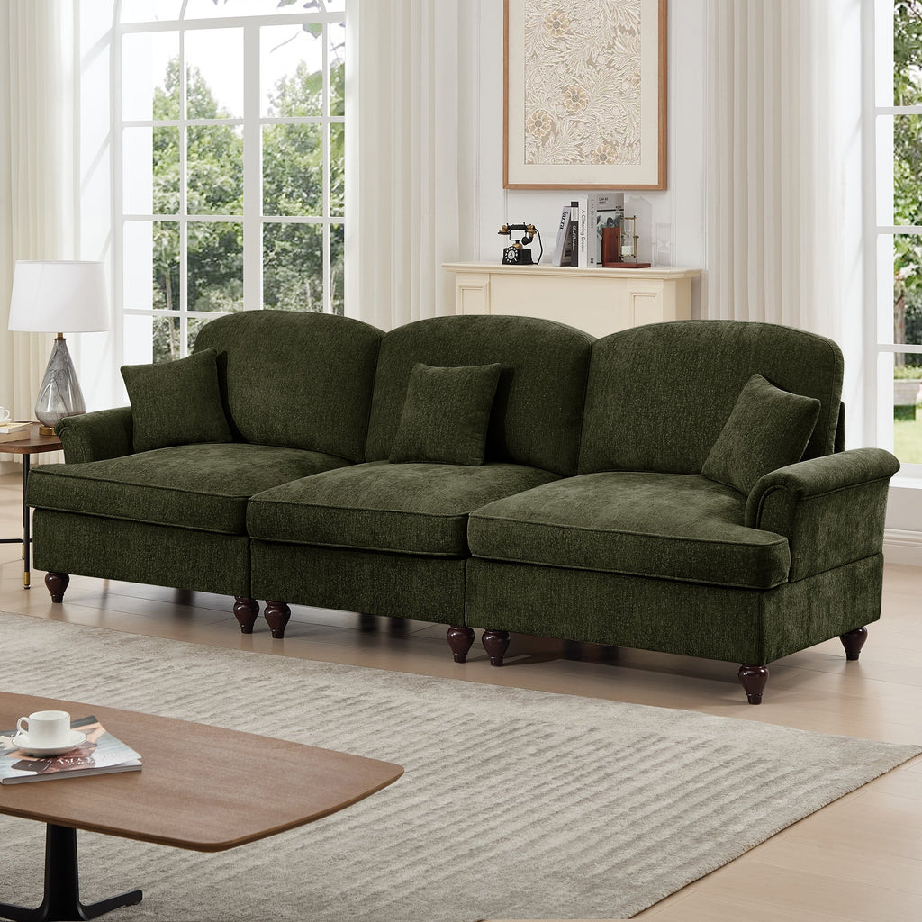 Elegant Mid Century Large 3 Seater Sofa Couch with Flared Arms and Removable Ruffles Pleats Skirts and Spindle Legs, Comfy Chenille Three-Seat Sofa for Living Room, Green