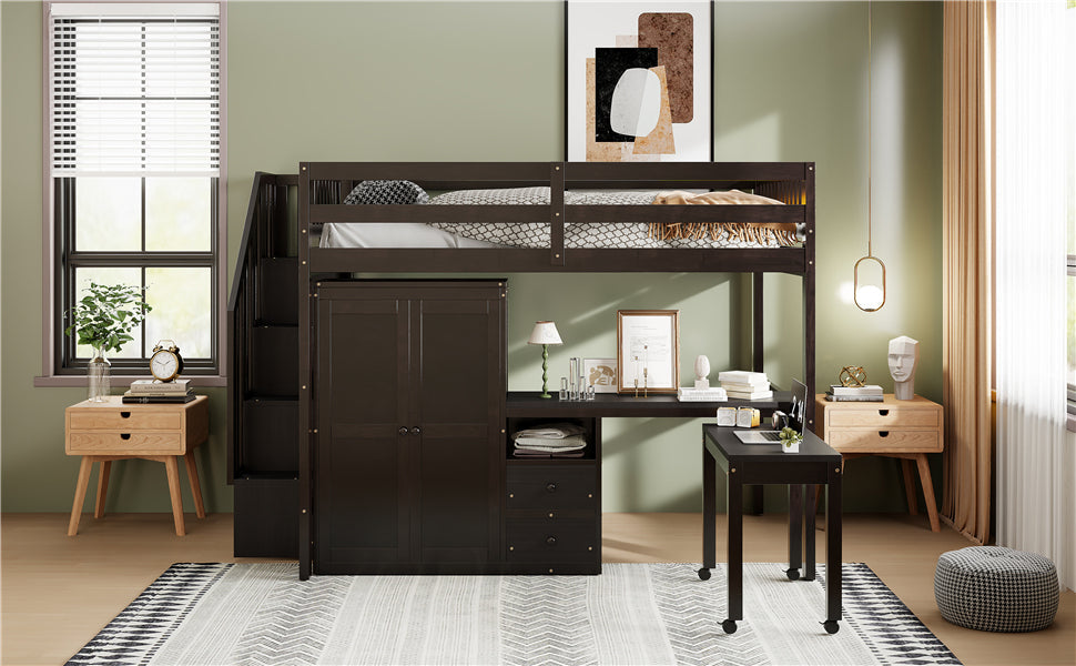 Full Size Loft Bed with Stairs, Bookshelf, Drawers, Desk & Wardrobe – Space-Saving Multifunctional Furniture for Kids & Teens-Espresso