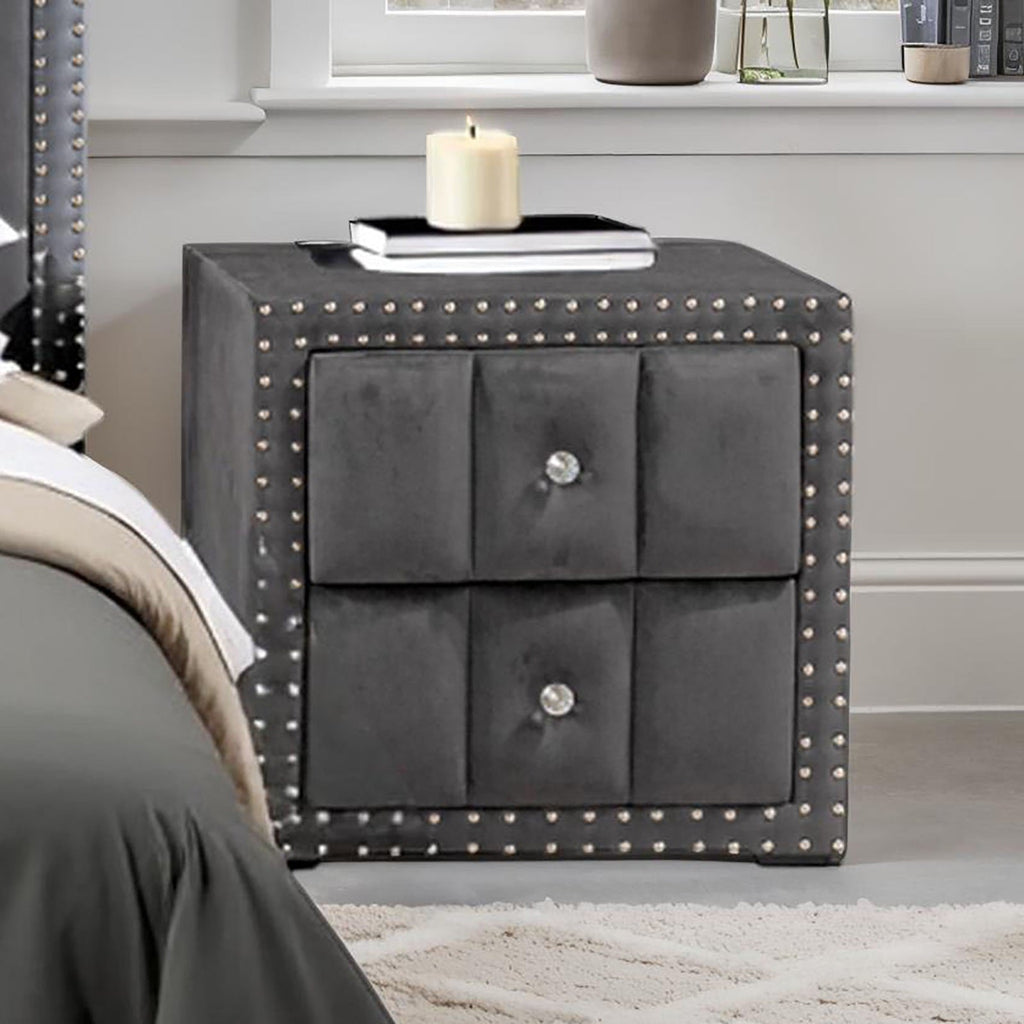 Contemporary 3pc Bedroom Set Queen Size Bed 2x Nightstands Bedroom Furniture Dark Gray Fabric Upholstered Bedframe w LED Nailhead Trim