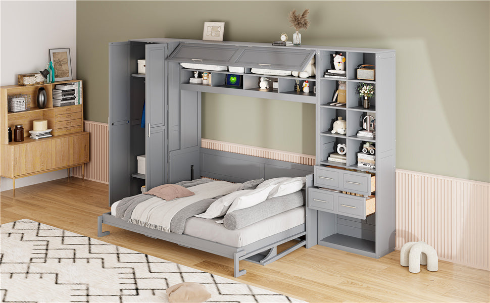 Queen Size Murphy Bed Wall Bed with Closet , Drawers and Shelves,Gray