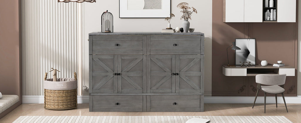 Queen Size Murphy Bed with Large Drawers & USB Ports,Brushed Gray