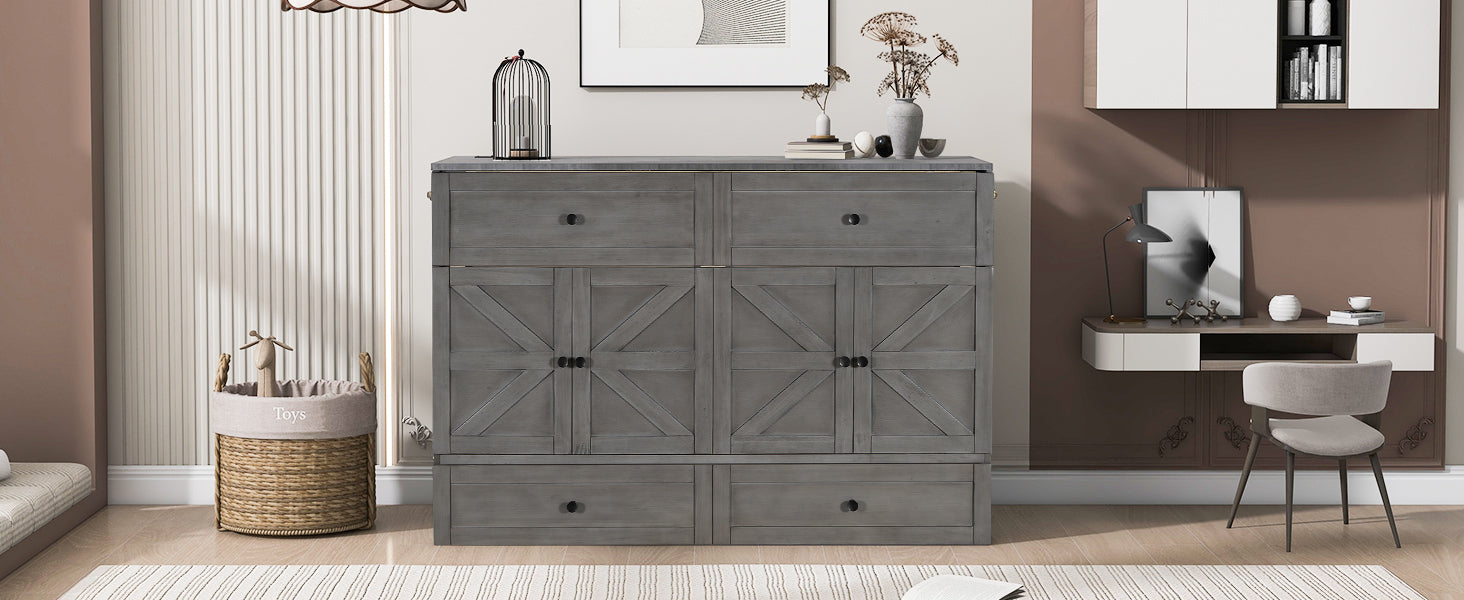 Queen Size Murphy Bed with Large Drawers & USB Ports,Brushed Gray