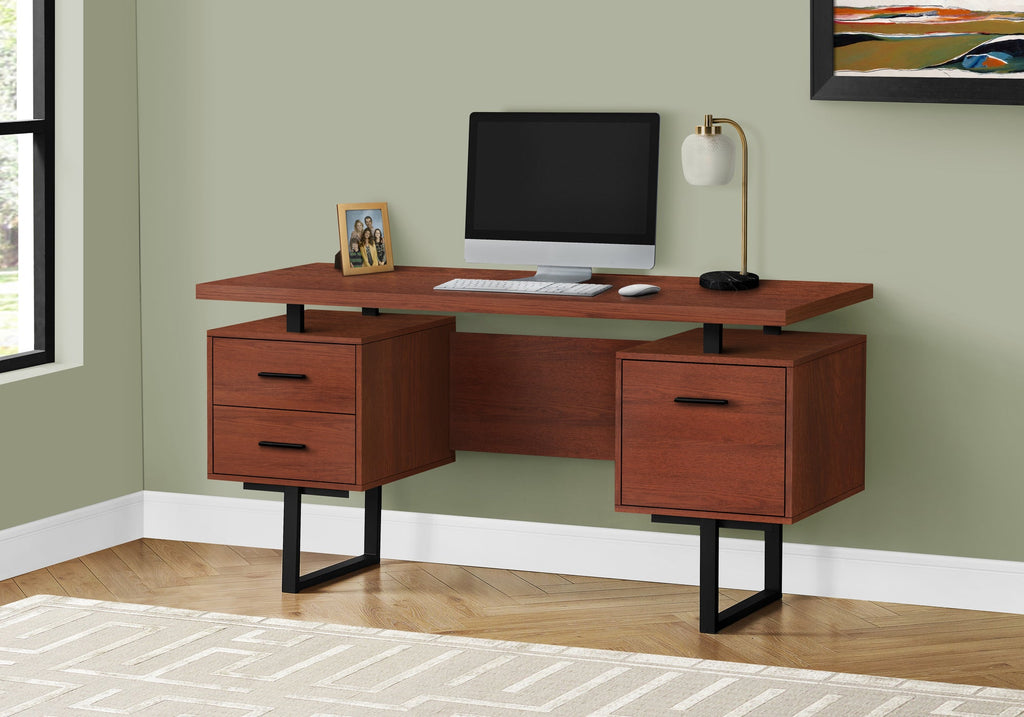 Computer Desk, Home Office, Laptop, Left, Right Set-up, Storage Drawers, 60'l, Work, Brown Laminate, Black Metal, Contemporary, Modern