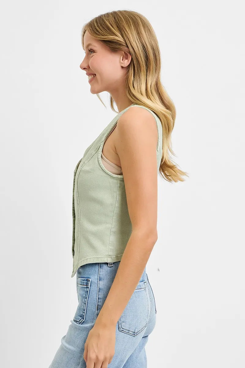 RISEN Full Size V Neck Button Down Vest