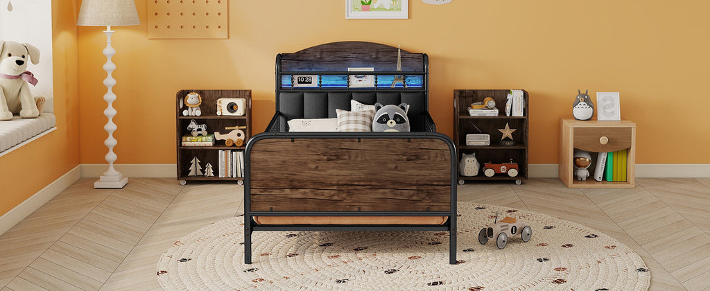 Twin Size Metal Platform Bed Frame with Light, Kids Twin Metal Bed with Upholstered and Pull Out Storage Shelves, Black (Expect Arrival Date 2025/10/5)